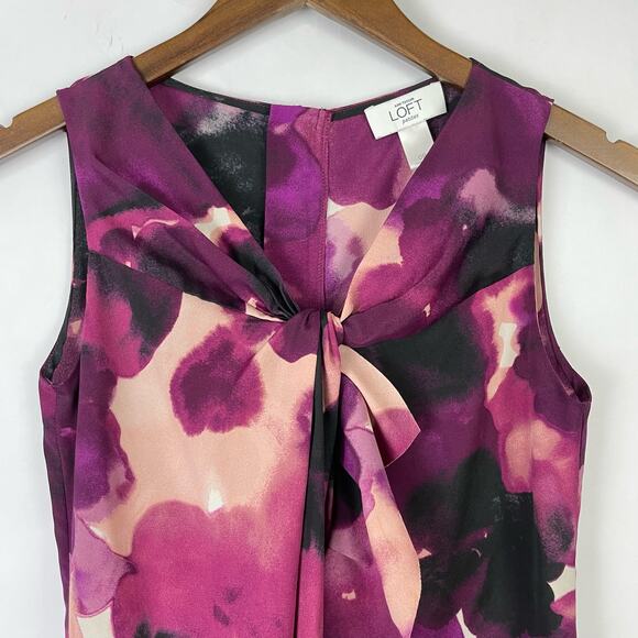 Ann Taylor Loft | Purple Pink Watercolor Ruffle Center Sleeveless Shift Dress - Picture 2 of 6